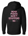 Black De4d P3dos Don’t Reoffend hoodie with pink sparkly camo lettering