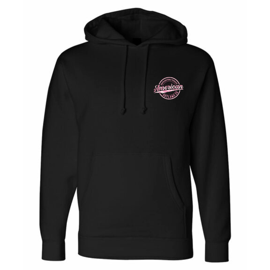 Pink sparkly camo De4d P3dos Don’t Reoffend graphic on black hoodie