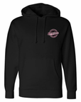 Pink sparkly camo De4d P3dos Don’t Reoffend graphic on black hoodie