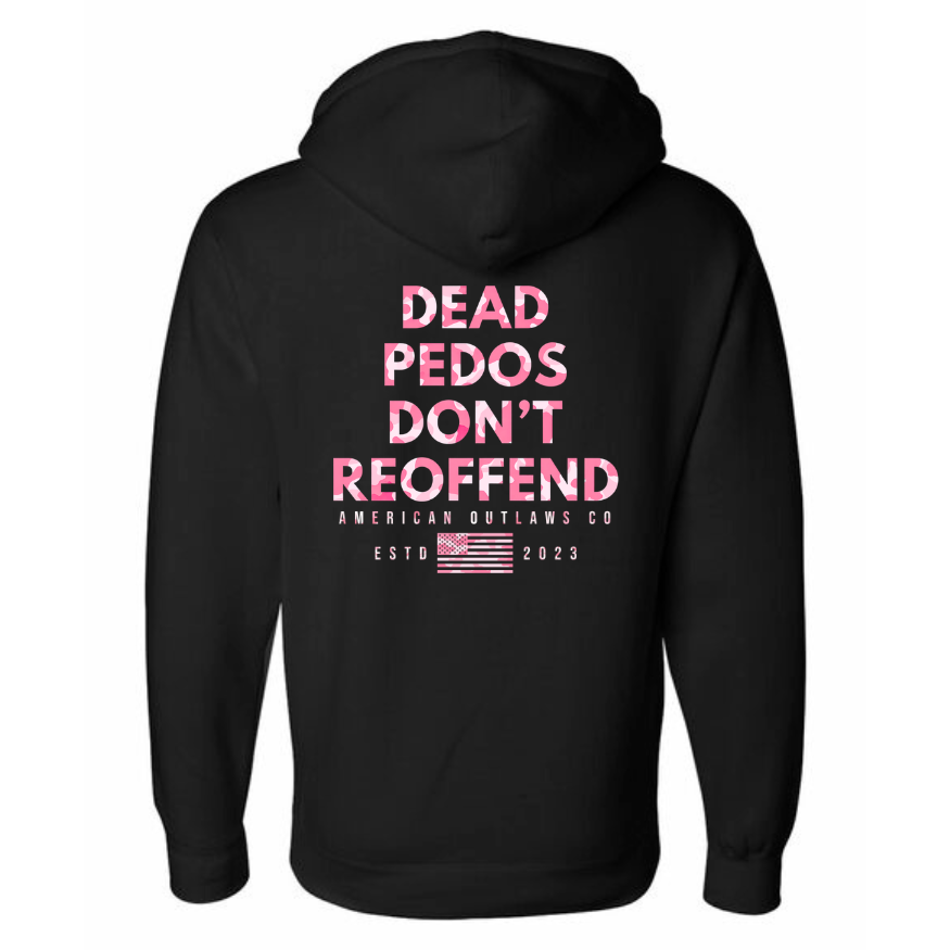 Black De4d P3dos Don’t Reoffend hoodie with pink sparkly camo lettering